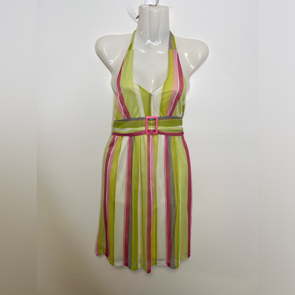 ◾️Vintage Y2K hype Vertical Stripe Faux Belted Halter Strap Dress Scrunch Back